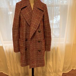 Free People plaid double breasted wool & acrylic coat with military buttons
